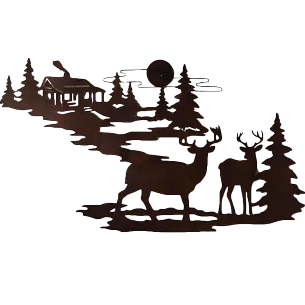 Wood Cabin & Deer Metal Art